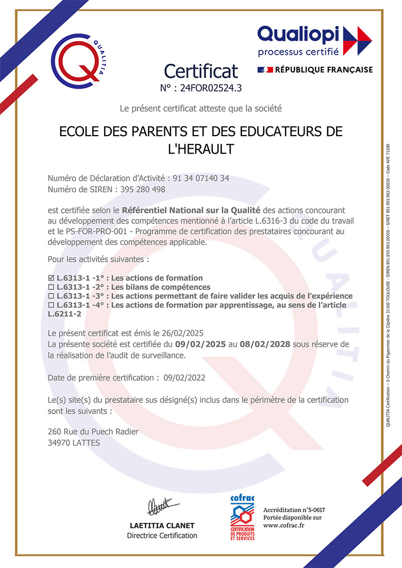 Certificat de conformité QUALIOPI